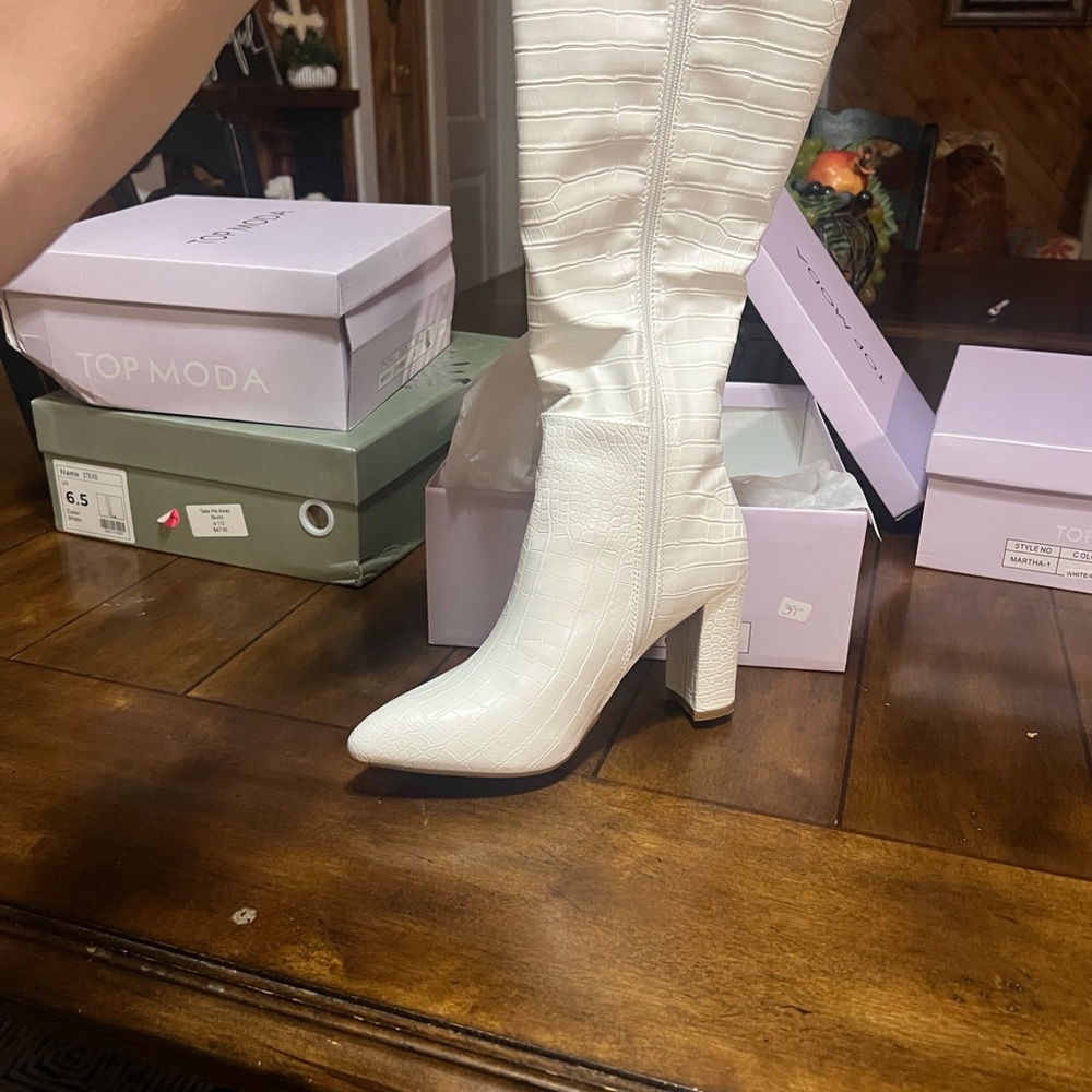 Top Moda White Croc-Embossed Knee-High Boots